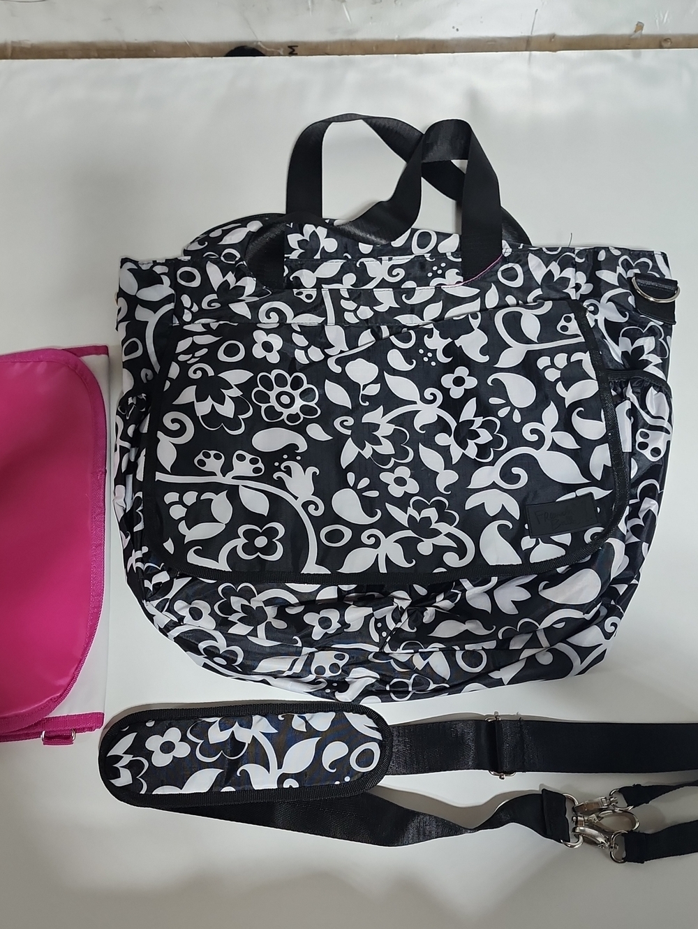 Black & White Floral Pattern Tote Bag with Removable Strap